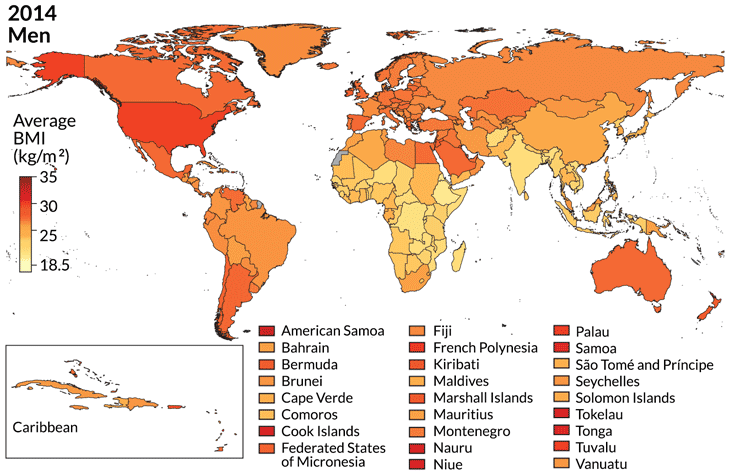 Global BMI map for men in 2014