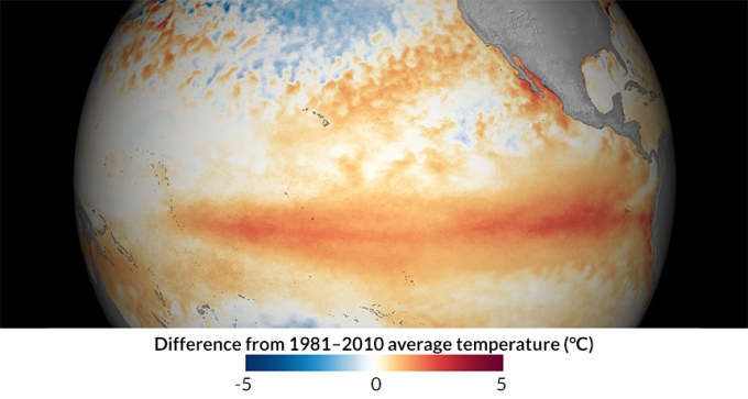 Warm surface waters in the eastern Pacific in March 2016