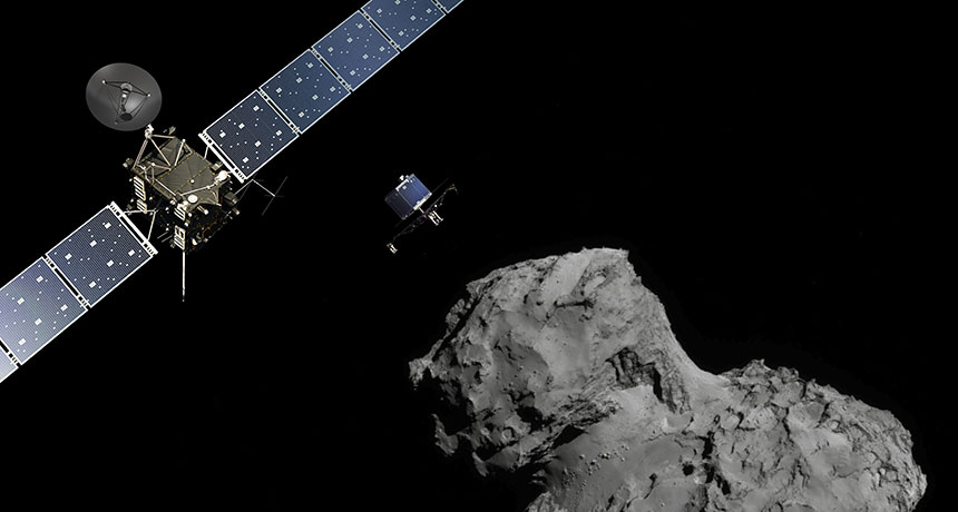 illustration of Rosetta and Philae approaching comet 67/P