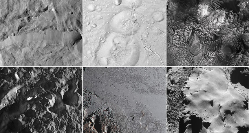 collage of images of planets, moons, comet