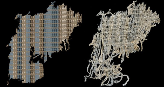 patch of cloth with blue yarn