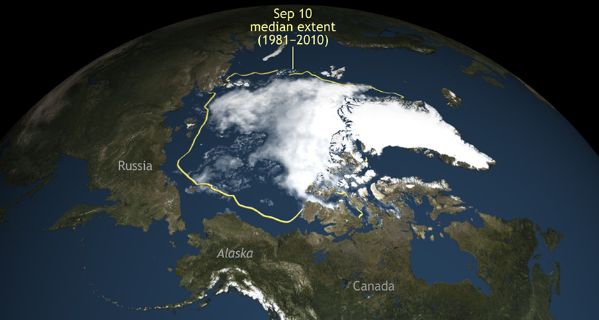satellite image of Arctic sea ice minimum extent for 2016