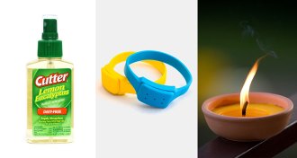 bug spray, repellent bracelet and a citronella candle