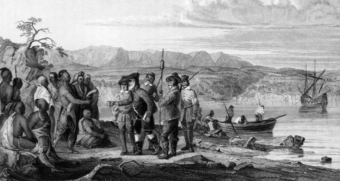 Illustration of Henry Hudson meeting Native Americans