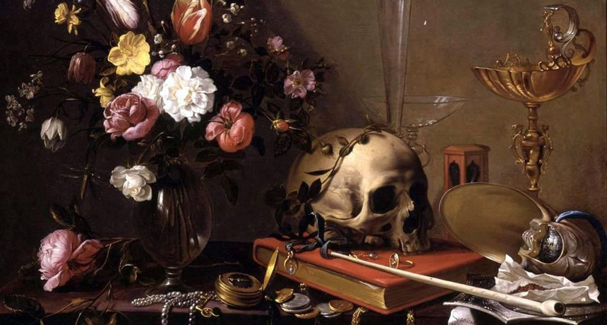 Vanitas Still Life With Flowers and Skull