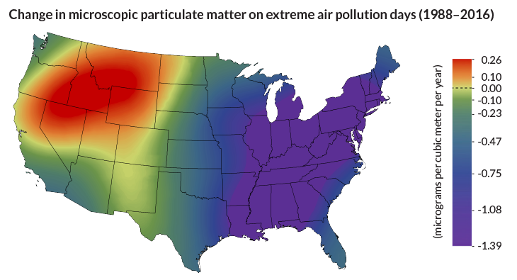Map of air pollution changes from 1988 to 2016