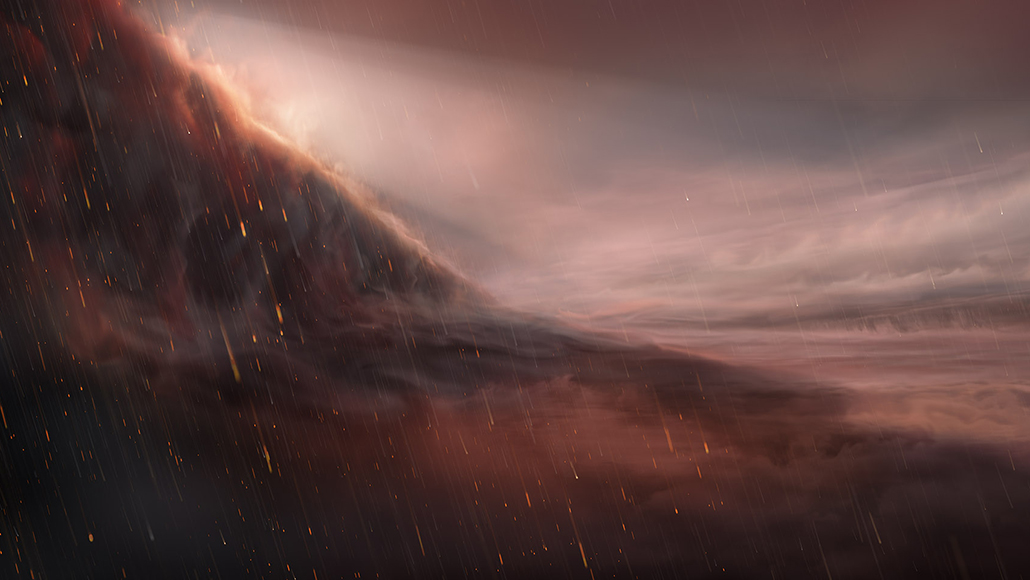 illustration of the surface of a dark, rainy exoplanet