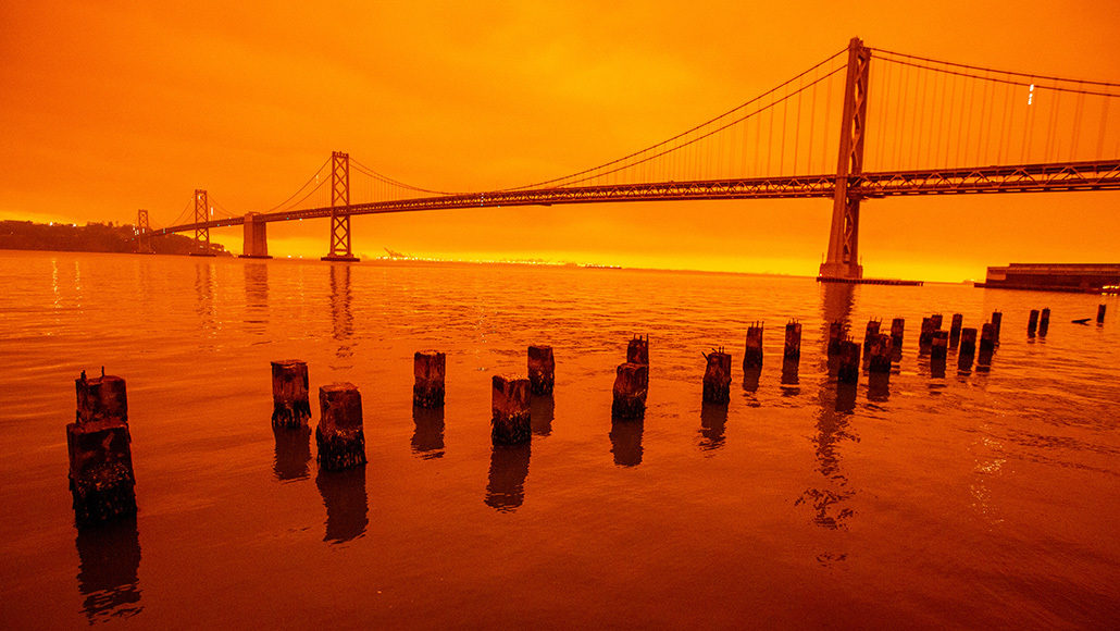 San Francisco Bay bridge smoky skyline