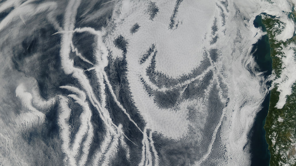 satellite image of ship tracks in clouds