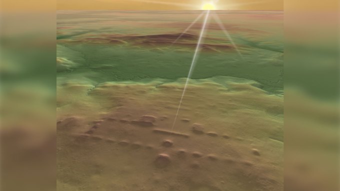 3-D image created using lidar data recreating a ceremonial Olmec center on Mexico's Gulf Coast, with sunrise aligned with entrance