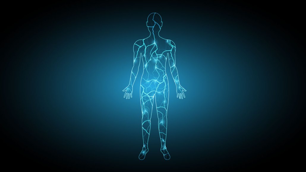 An illustration of a body created with light blue lines to simulate electricity.