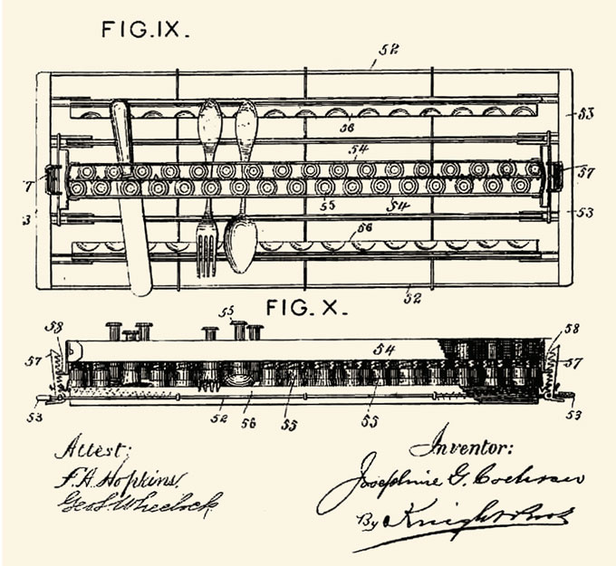 A black-and-white drawing from Josephine Cochran's patent for an automatic dishwasher