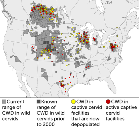 A map of North America showing where CWD has been detected