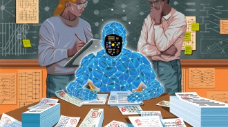 An illustration of a humanoid presenting manifestation of artificial intelligence taking tests while surrounded by "A+"s and "100/100"s on graded tests. Behind it are two researchers in a classroom watching the AI take its tests.