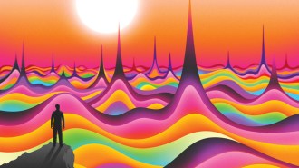 An illustration of a person on a ledge looking over colorful waves and peaks.