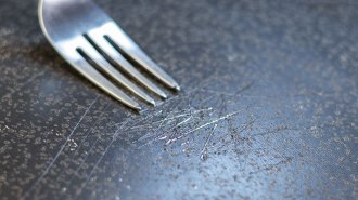A fork next to scratches on a nonstick pan's surface. Many nonstick pans contain PFAS, which build up in the body but may be expelled by some gut microbes.