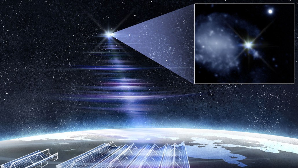 Illustration of a fast radio burst traveling from a galaxy in the constellation Ursa Major to a telescope array in North America.