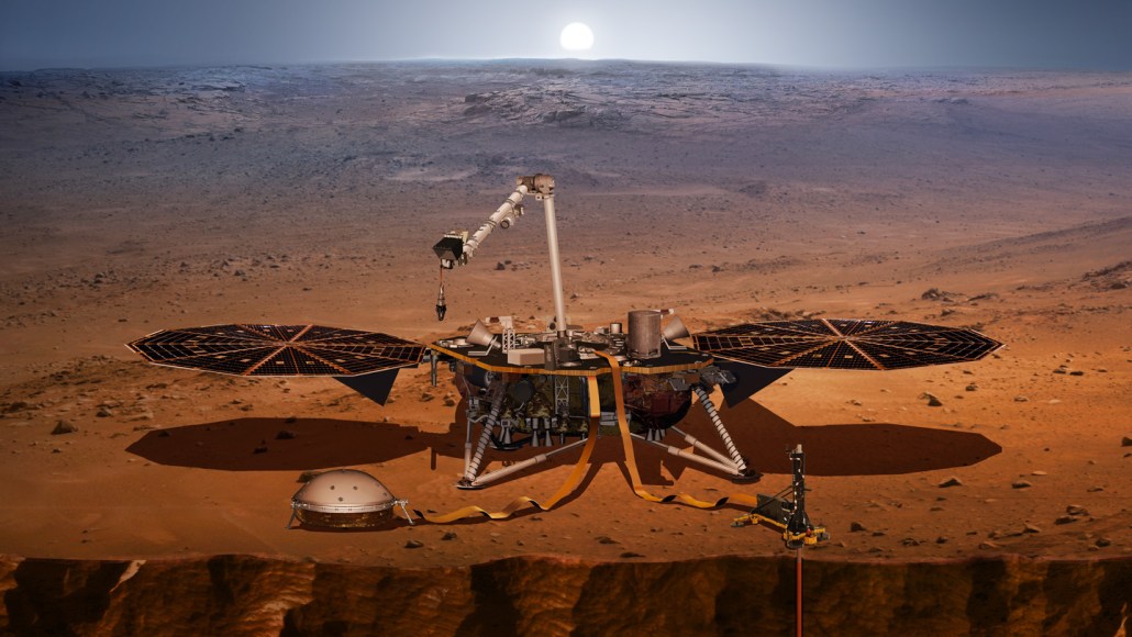 Illustration of NASA's InSight lander sitting on Mars' surface with instruments deployed.