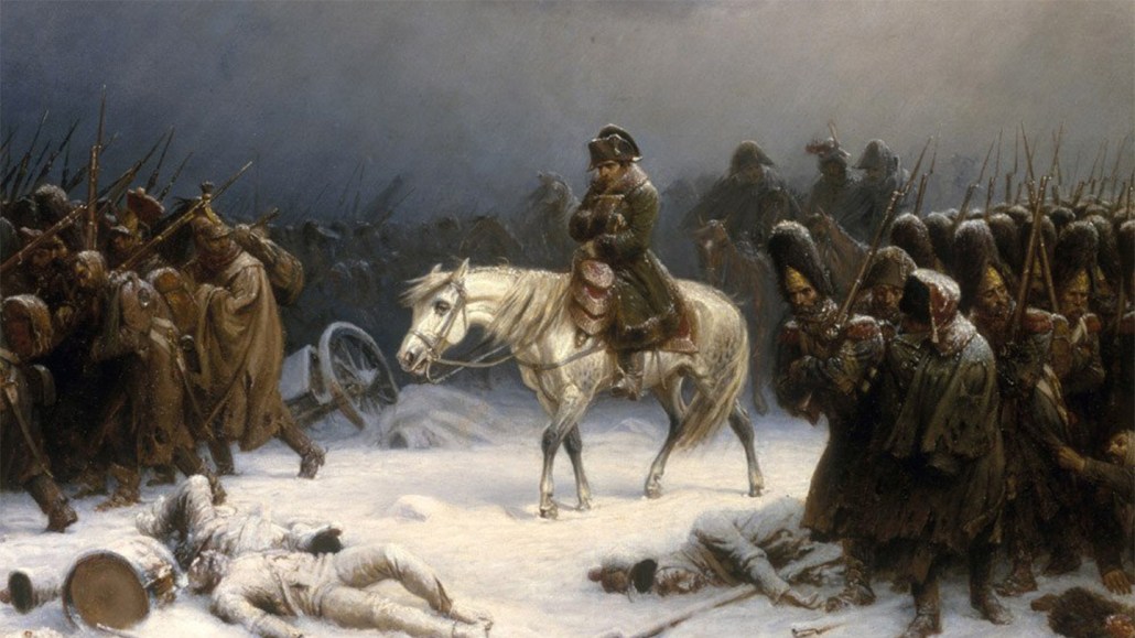 A painting of Napoleon riding a white horse over snowy ground, with his freezing army surrounding him.
