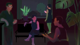 All the living things, including the plants and three people socializing and a fourth checking their phone, give off a bit of a glow of light while the rest of the illustration is shadowy.