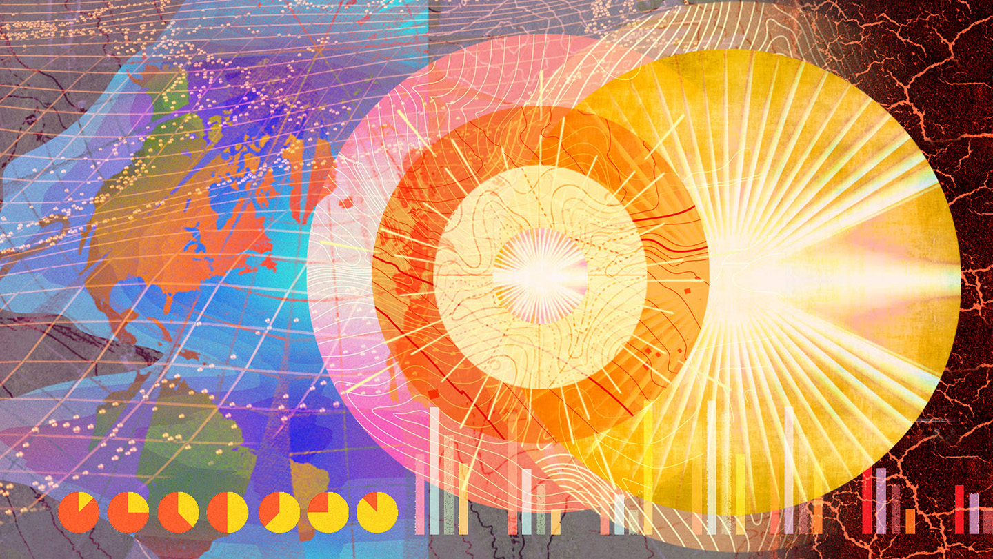 Abstract illustration of the world map, sun, and pie charts and bar charts