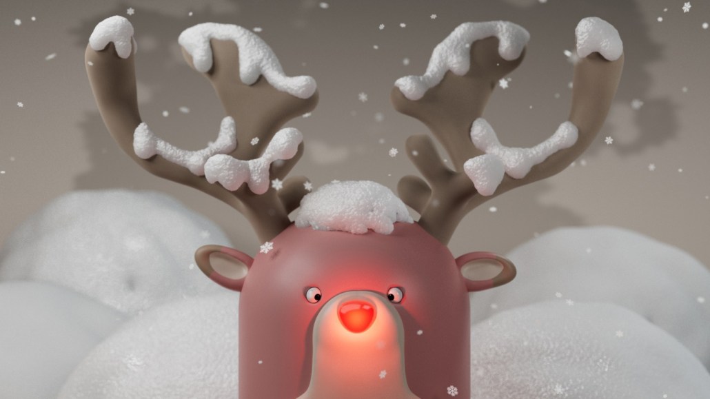 illustration of Rudolph covered with snow and with his nose lit up